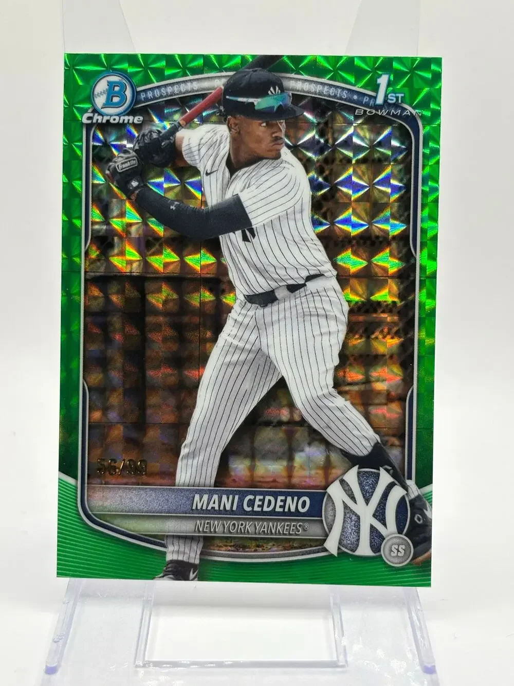2025 Bowman Chrome Mani Cedeno 1st Green Geometric Refractor 56/99 SP Yankees